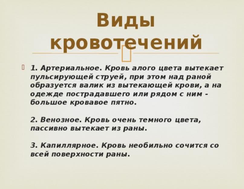 Кровотечения презентация обж. Кровотечение. Классификация. Временные и окончательные методы остановки кровотечения. Использование индивидуального перевязочного пакета